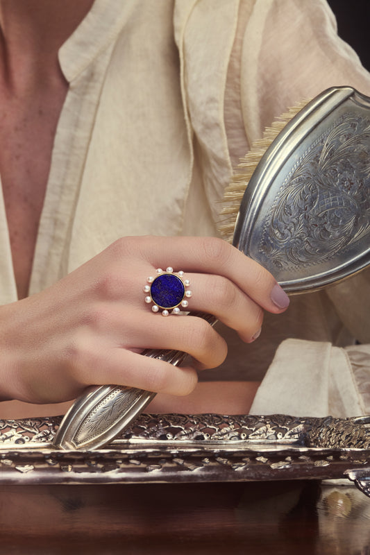 Anel lápis lazúli e pérolas