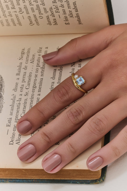 Anel Topázio Sky e pérola - Pronta entrega -